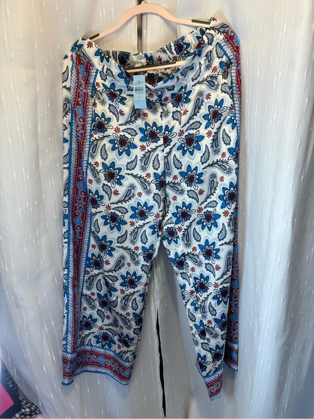 LOFT White Floral Wide Leg  Pants with Blue & Red Print